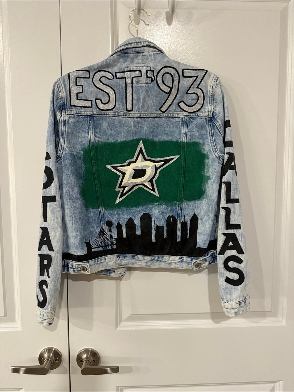 Distressed Light Wash Denim Jacket with Dallas Stars Texas Hockey Hand Design - Picture 7 of 8